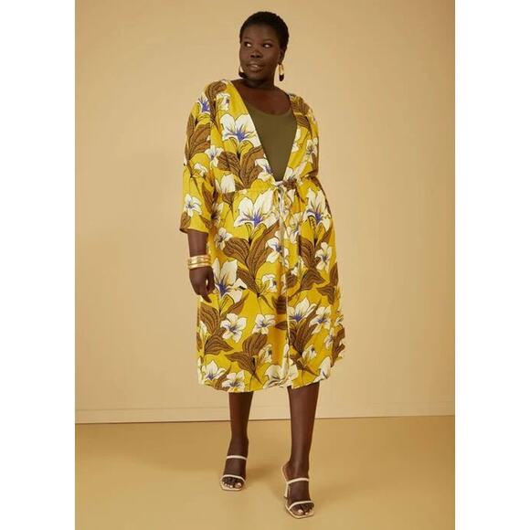 PLUS Size 3X (22/24W) | Midi Knee Length Open Front Kimono Drawstring Waist - Picture 1 of 6